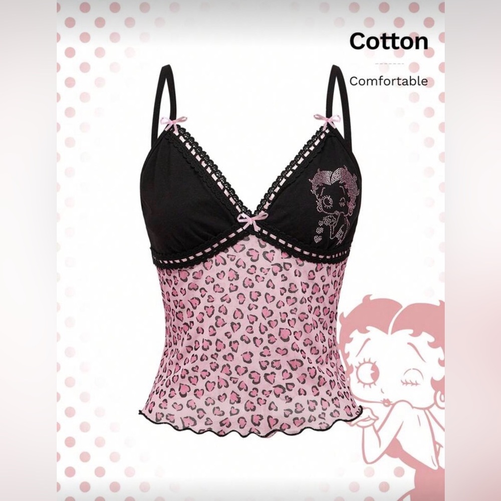 Betty Boop Sexy Camisole with Pink Leopard Sheer Bottom & Rhinestone Design